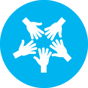 Drawn icon of five hands all together in a circle inside of a blue circle